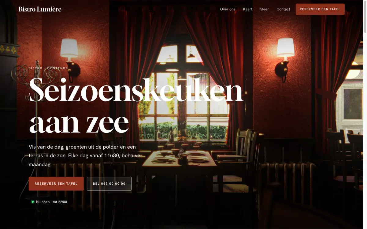 Concept van een nieuwe website voor een bistro: grote sfeerfoto, duidelijke titel en een reservatieknop