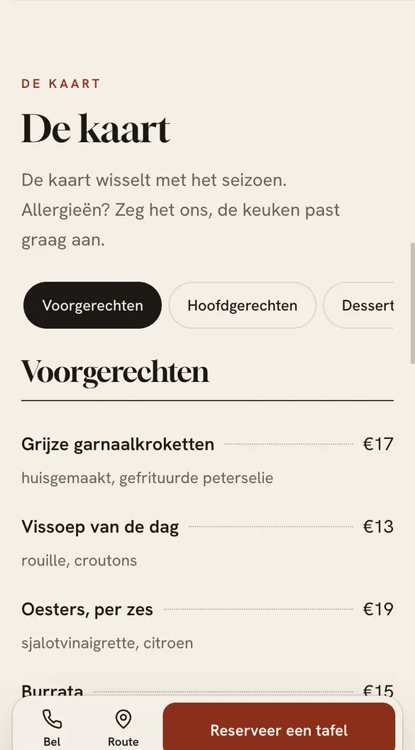 Menukaart als tekst op een demo-website